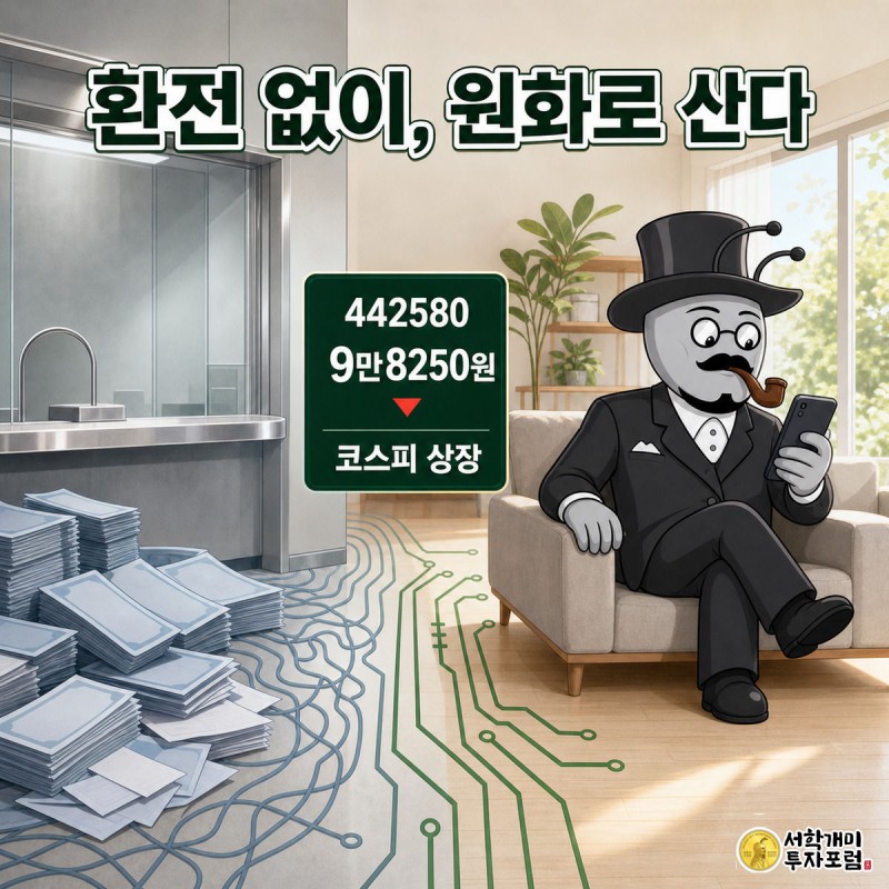 환전 창구에서 낭패한 개미와 대비되게 소파에서 스마트폰으로 442580 종목을 원화로 매수하며 미소짓는 개미