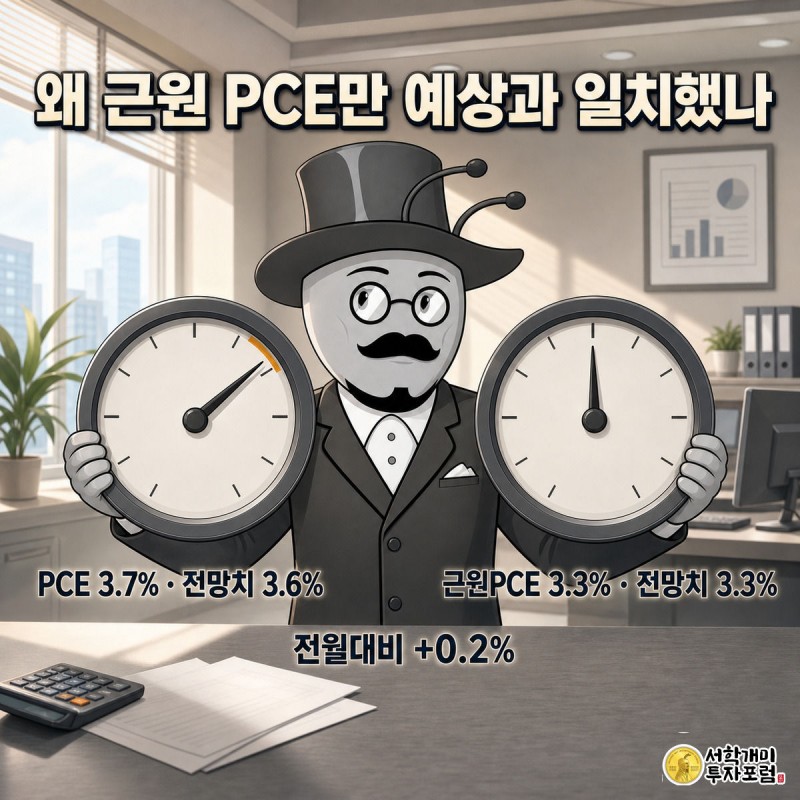 개미 회계사가 전체 PCE와 근원 PCE 게이지를 양손에 들고 있는데 한쪽 바늘만 전망치를 넘어선 그림