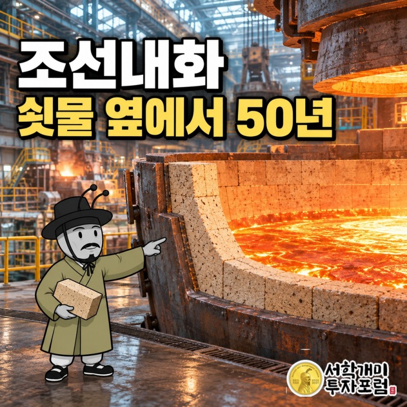 포스코 제철소 고로 안쪽 벽을 덮은 조선내화 내화물과 그 앞을 흐르는 쇳물을 담은 표지