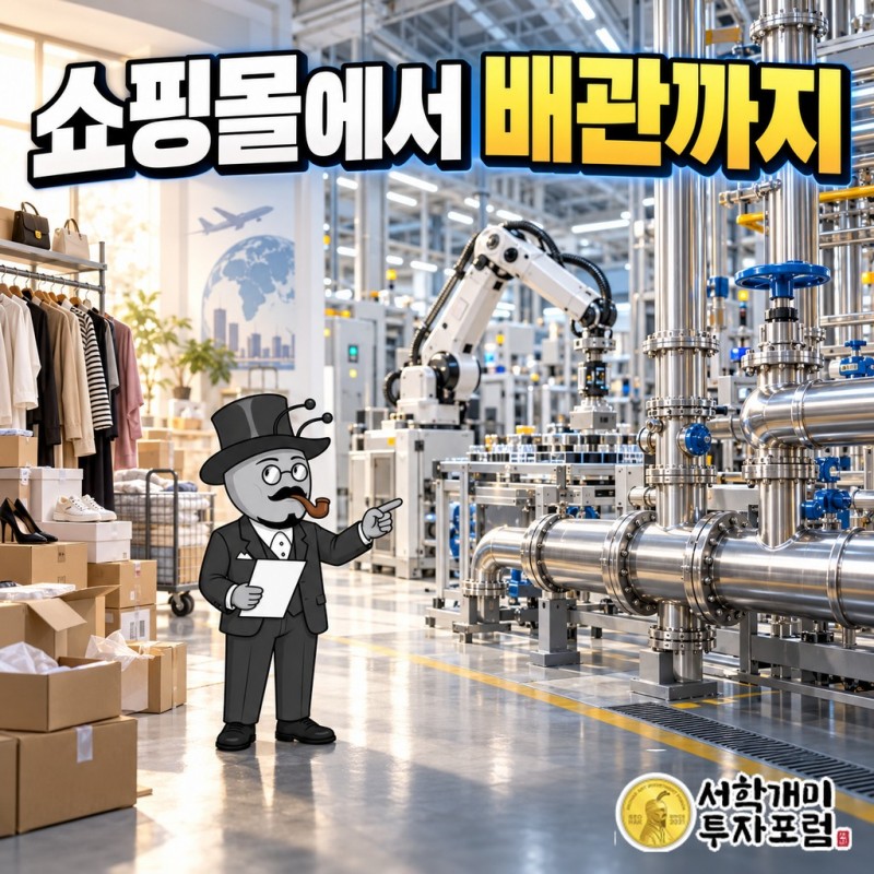 엑시온그룹 표지: 쇼핑몰 위즈위드의 쇼핑백과 반도체 공장 천장 배관이 한 화면에 겹친 모습
