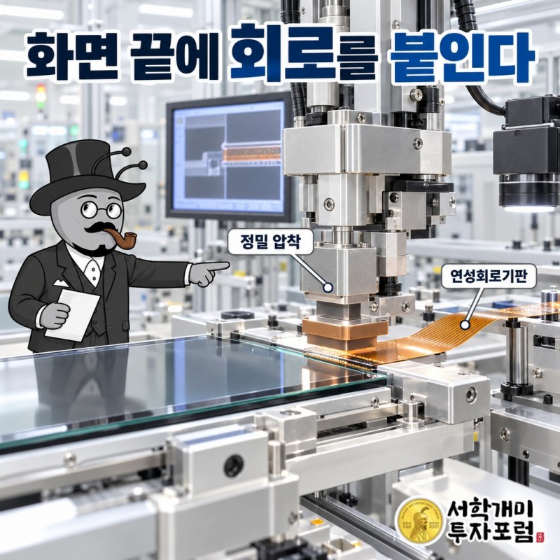 OLED 패널 가장자리에 구동회로와 FPCB를 정렬해 압착하는 본딩 공정 단계와, 이어지는 세정·AOI 검사 장비의 위치를 보여 주는 공정도