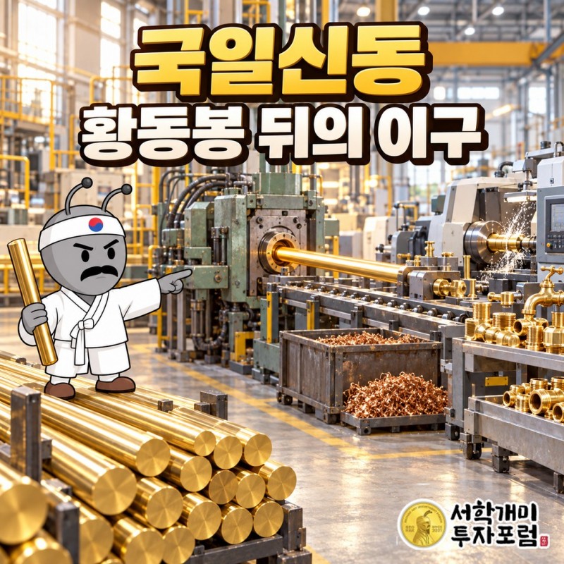 국일신동이 만드는 누런 황동봉 다발과, 그 위에 겹친 최대주주 손인국 측 지분 42.5%에서 51.35%로 늘어난 그래프