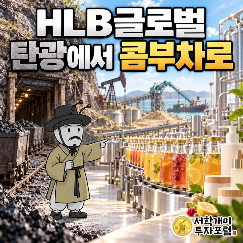 탄광 갱도 입구에서 시작해 콤부차 병과 휴대용 마사지기로 이어지는 HLB글로벌의 60여 년 사업 전환을 한 화면에 담은 표지