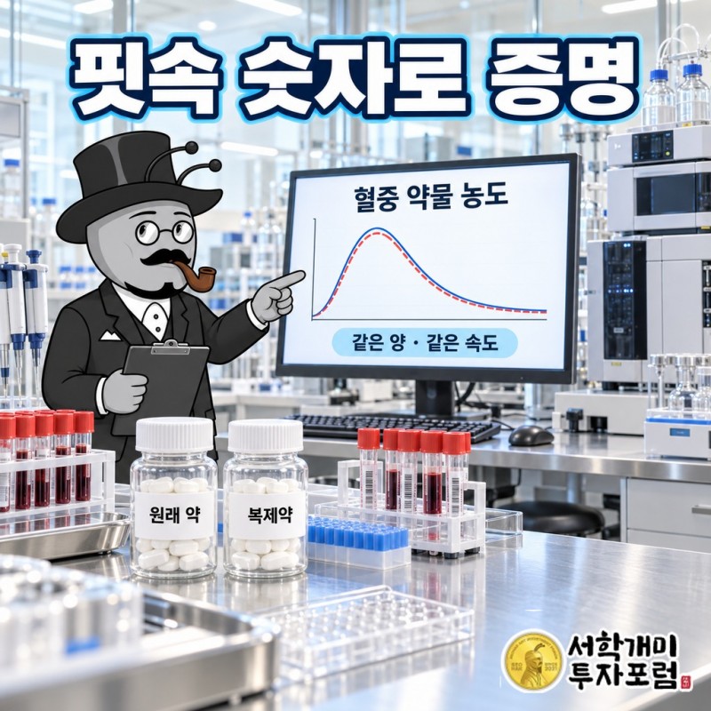 복제약과 오리지널 약을 각각 먹은 뒤 혈중 약물 농도 곡선을 겹쳐 비교하는 생동성시험의 흐름도