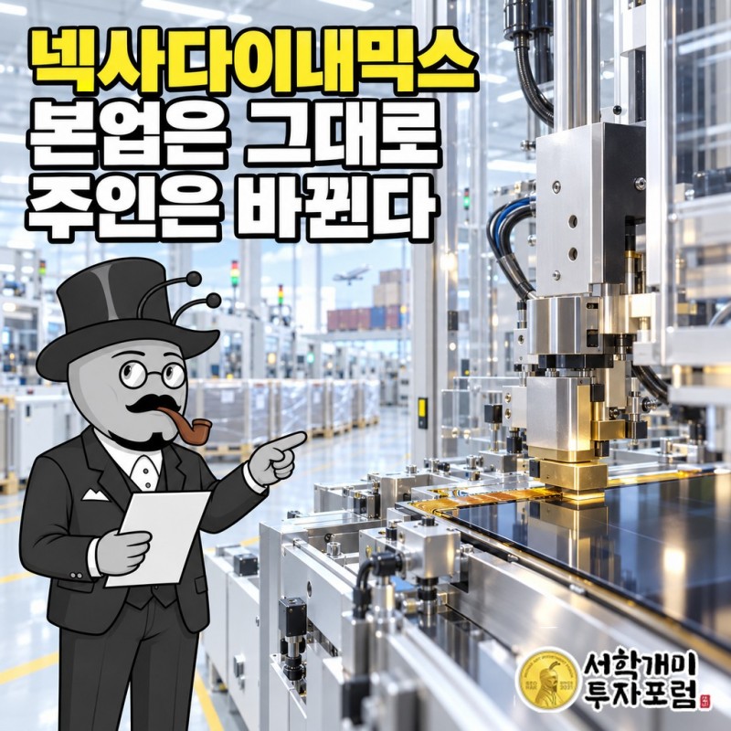 넥사다이내믹스 본딩장비가 OLED 패널 가장자리에 회로 띠를 눌러 붙이는 장면과 새 최대주주 시원이노텍의 이름이 겹쳐진 표지