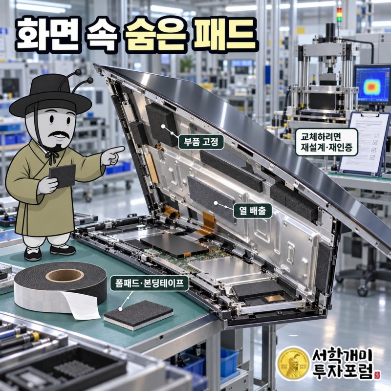 예선테크 매출을 최종 산업별로 나눈 그림: LCD 44.8%, OLED 약 31%, 자동차 15%, 2차전지는 초기 단계(2026년 1분기, 대표 인터뷰 기준)와 각 제품이 들어가는 TV 모듈·차량 계기판·배터리 셀 장면