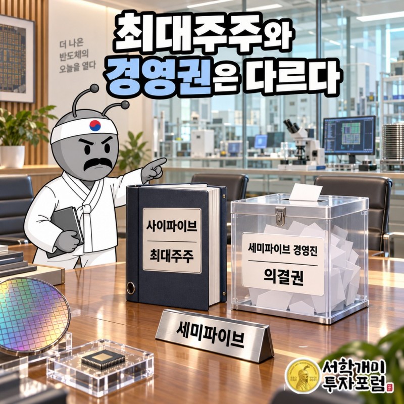 최대주주 사이파이브(SiFive)가 세미파이브 지분 14.8~18.5%를 유지하면서 의결권은 조명현 대표 등 경영진에 위임한 지배구조 그림