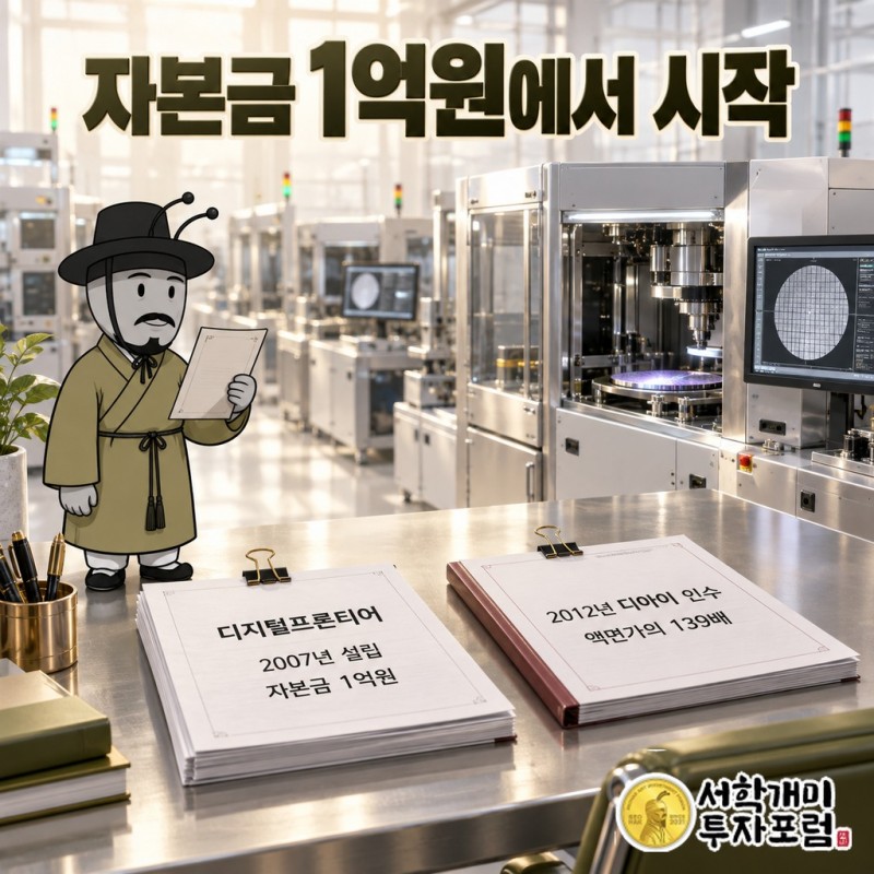 디지털프론티어의 이력: 2007년 오너 일가 출자로 자본금 1억원 설립, 2012년 디아이가 지분 73%를 101억원(액면가 139배)에 인수하고 오너 일가 3명이 92억원 현금화, 2026년 SK하이닉스 HBM4 테스터 1,960억5천만원 수주