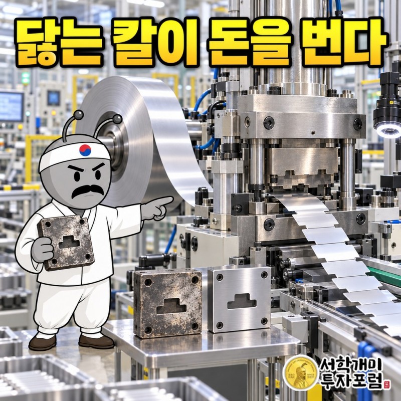 배터리 전극판에서 탭 모양을 오려 내는 유진테크놀로지 노칭금형과 국내 배터리 공장 생산라인