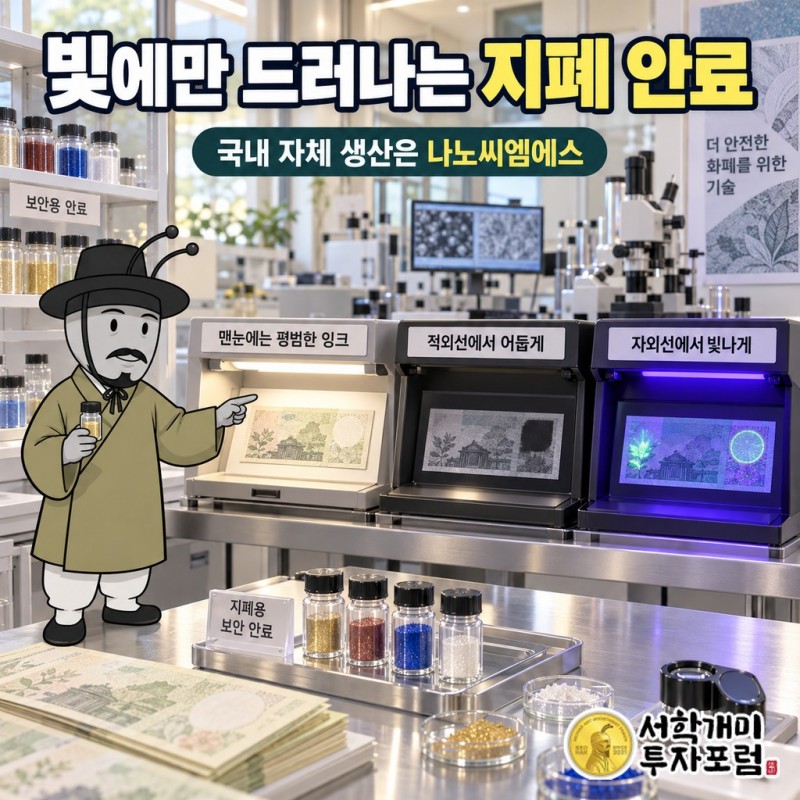 나노씨엠에스의 위조방지 안료 세 가지가 적외선과 자외선 아래에서 각각 어둡게 보이거나 빛을 내는 원리를 나란히 그린 도판