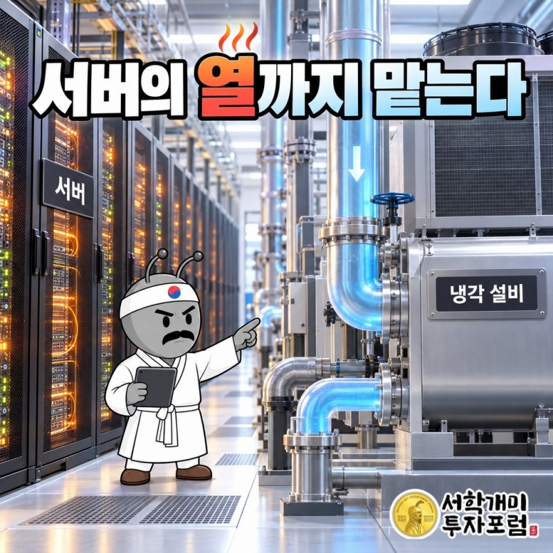 AI 데이터센터 서버의 열을 처리하는 칠러와 AIR 장기공급계약이 연결되는 산업용 냉각 장면