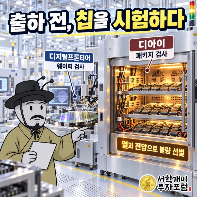메모리 칩이 출하 전 거치는 두 검사 단계: 웨이퍼 상태에서 칩을 찔러 보는 웨이퍼 테스터(디지털프론티어)와 패키징 뒤 열과 전압을 오래 가하는 번인테스터(디아이 본사)
