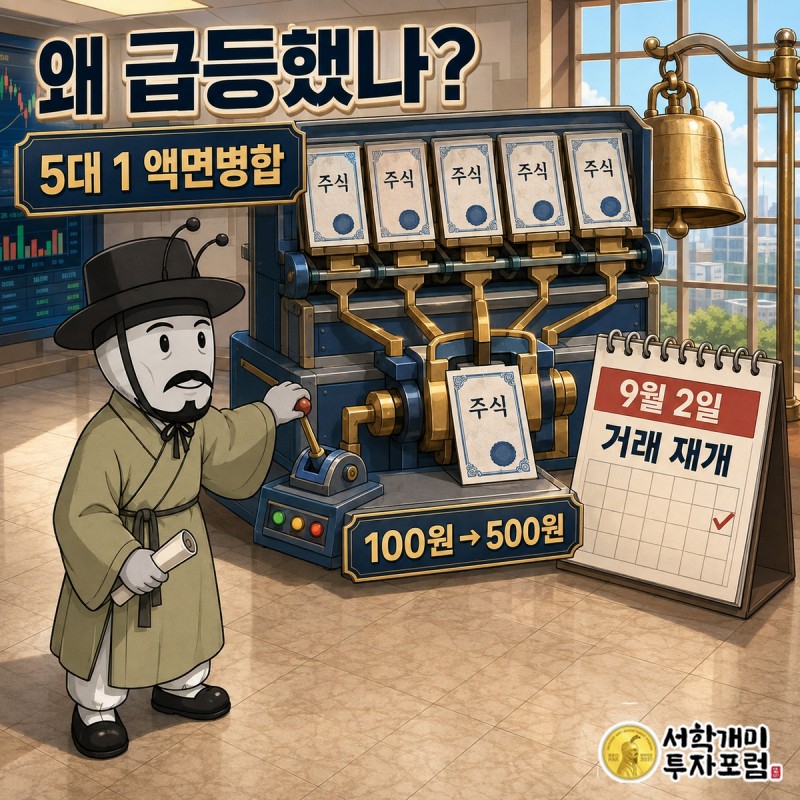 미스터블루 5대 1 액면병합 전후 주식 수와 거래 재개 흐름 설명