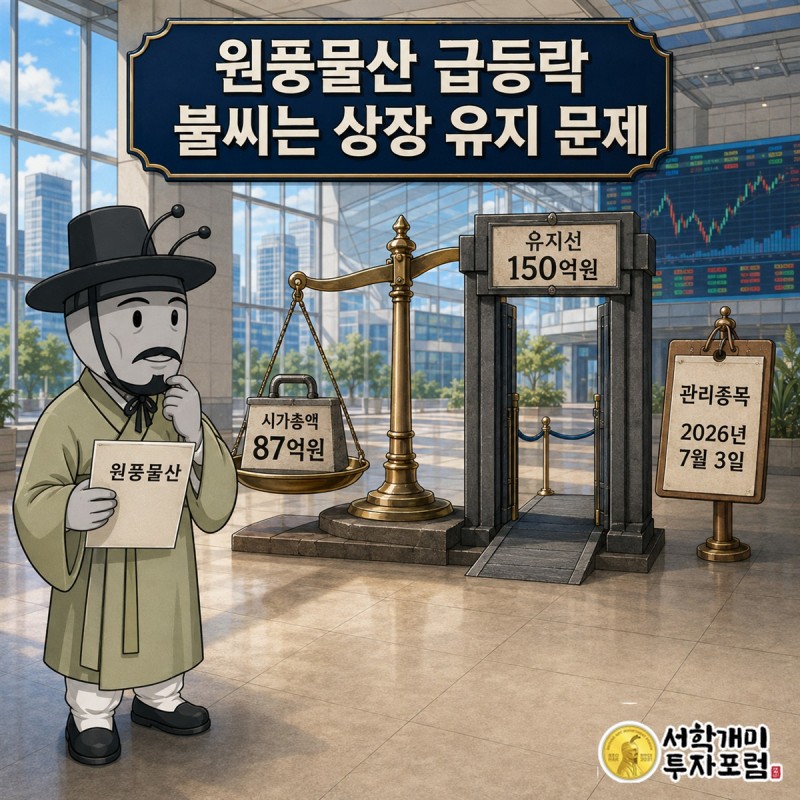 관리종목 경고판 앞에서 남성복과 마이크로LED의 실체를 살피는 원풍물산 분석 장면