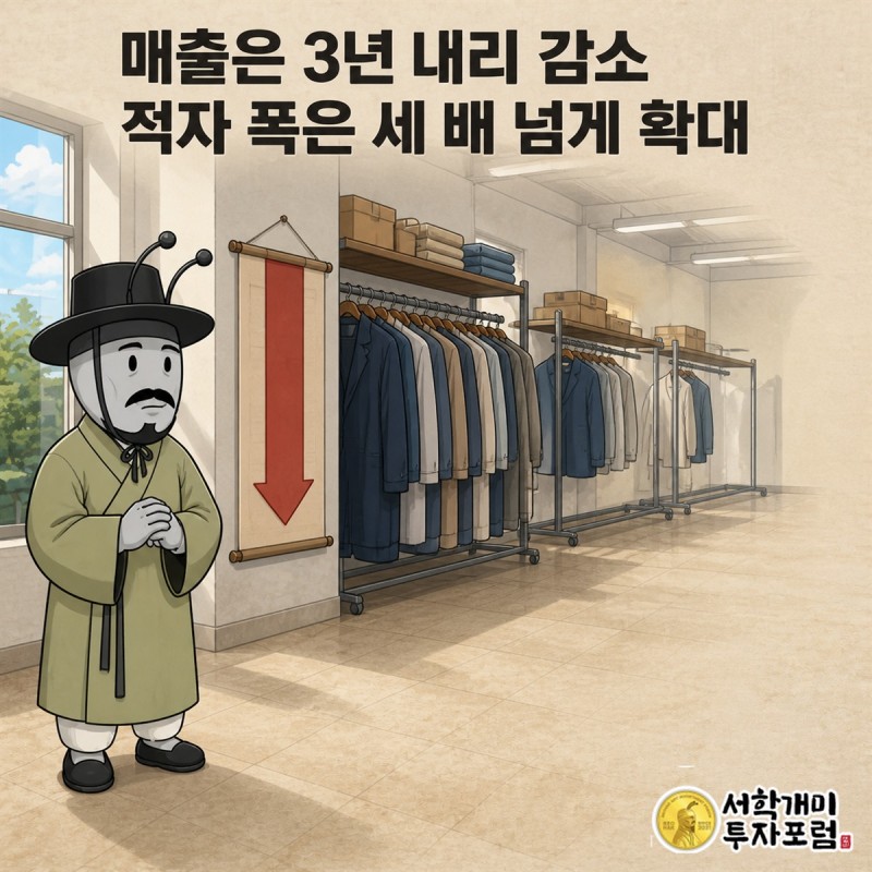 원풍물산의 3년 매출 감소와 영업손실 확대를 재단선처럼 보여주는 재무 장면