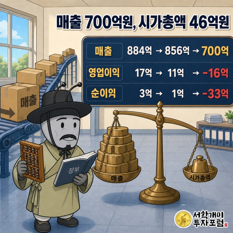 신라에스지의 3개년 매출 감소와 영업이익 적자 전환을 비교한 장부 그림