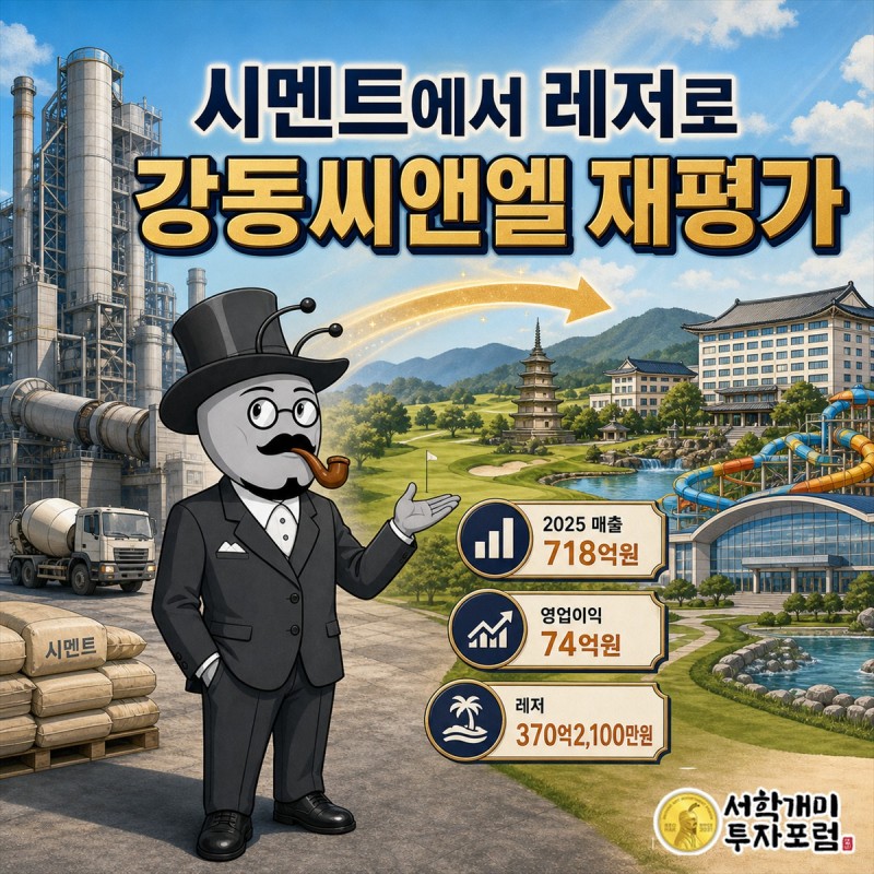 강동씨앤엘의 시멘트 공장과 경주 골프 리조트를 함께 보여주는 기업 해부 표지