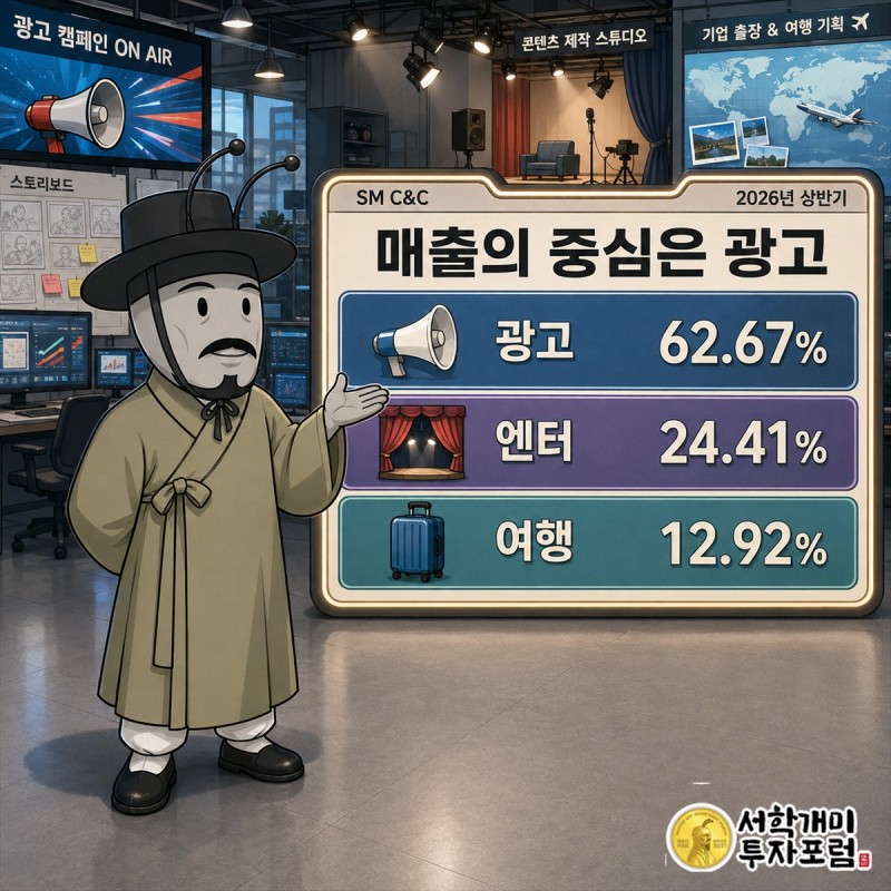 SM C&C 상반기 매출을 광고 62.67%, 엔터 24.41%, 여행 12.92%로 나눈 사업 구조