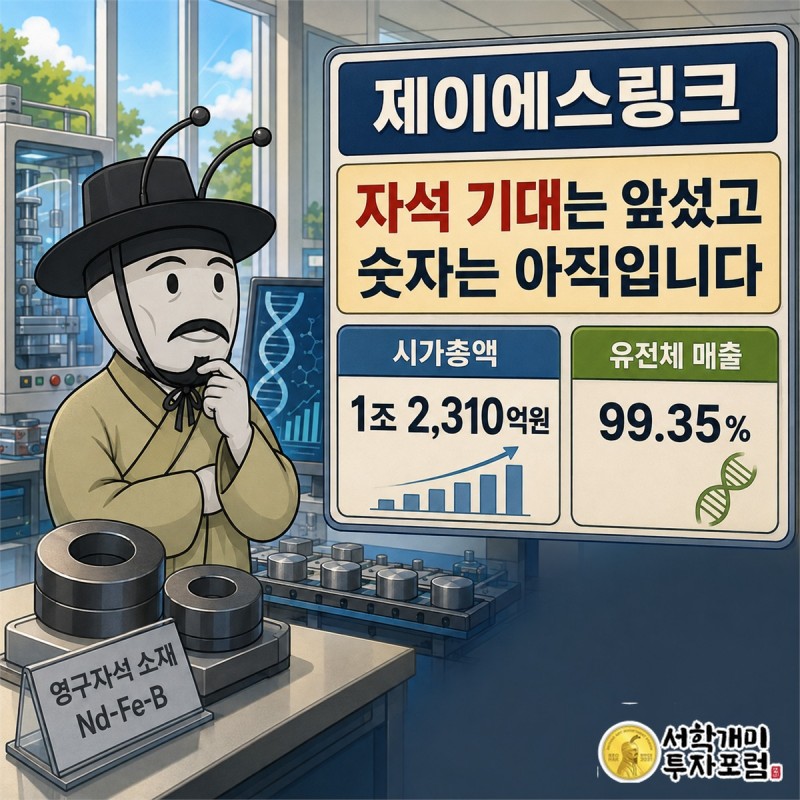 유전체 분석 장비와 희토류 영구자석 생산라인 사이에 선 제이에스링크를 표현한 표지