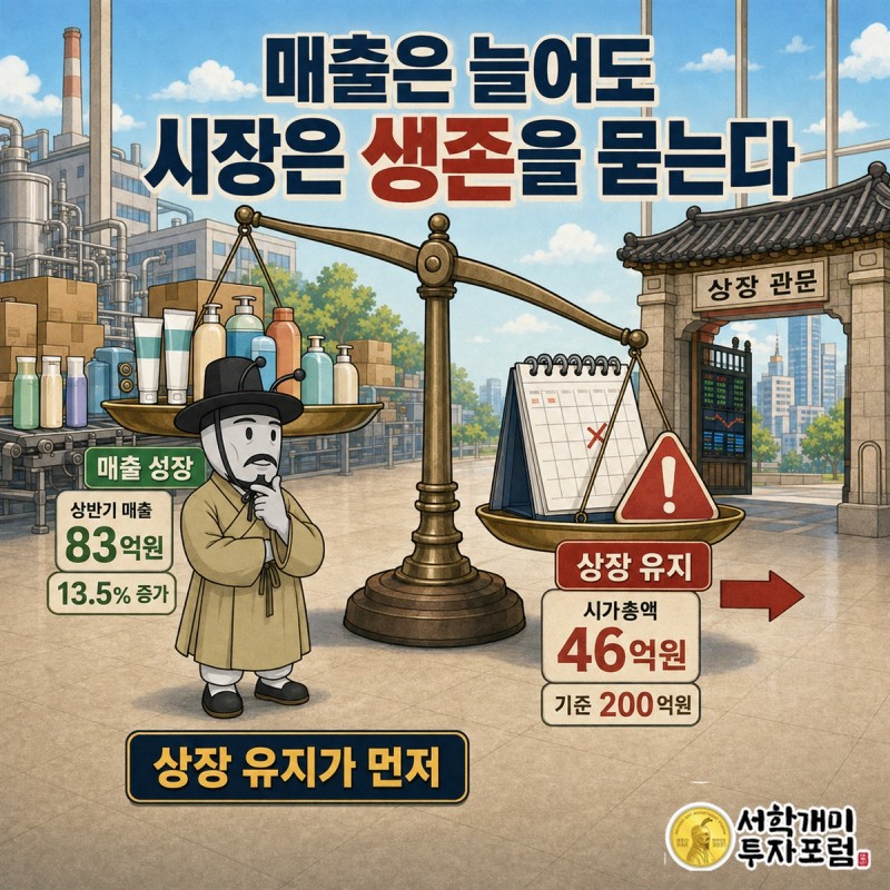 케이엠제약의 매출 성장과 적자 유상증자 상장폐지 위험을 저울에 올린 그림