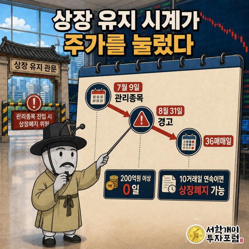 케이엠제약의 시가총액 200억원 기준과 상장 유지 시계를 설명한 그림