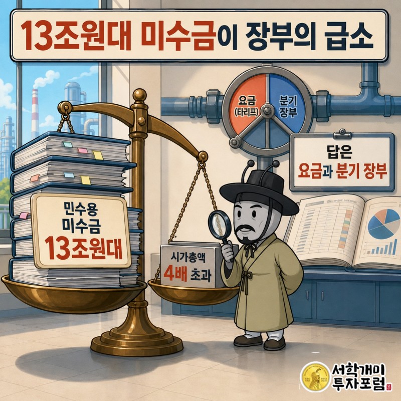 한국가스공사의 13조 8,649억원 민수용 미수금과 3조 2,402억원 시가총액을 저울로 비교한 장면