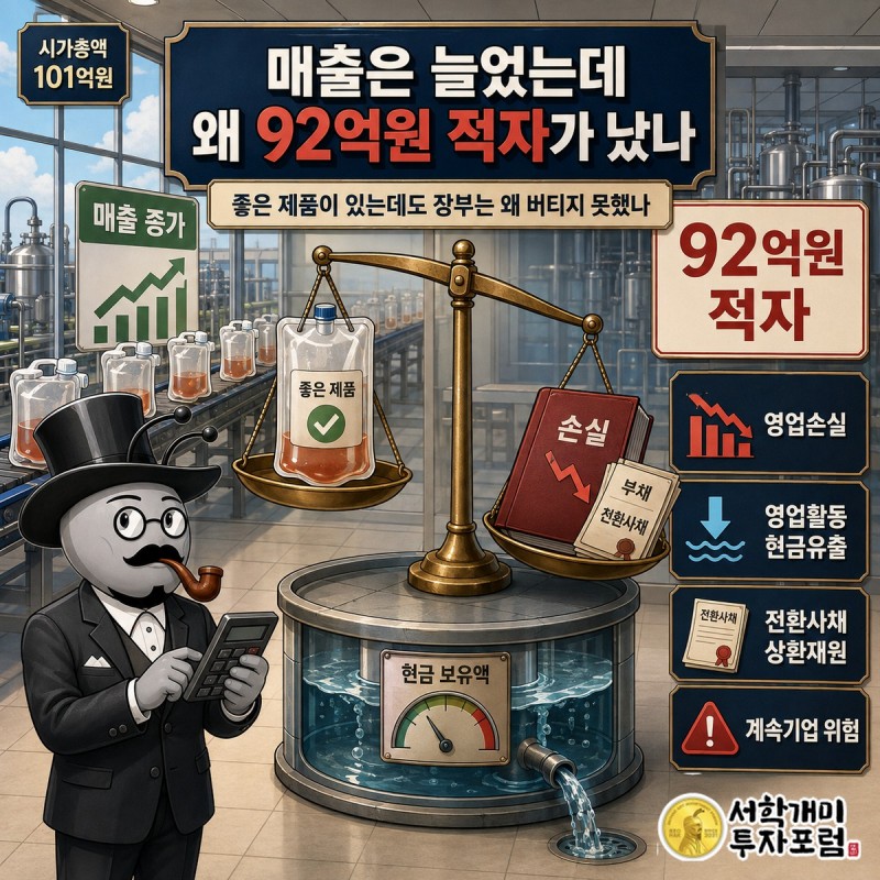 실제 세포배양 장비와 반복 소모품 사업의 장점 한쪽, 영업현금 유출과 전환사채·부채 부담을 다른 쪽에 놓은 저울 그림