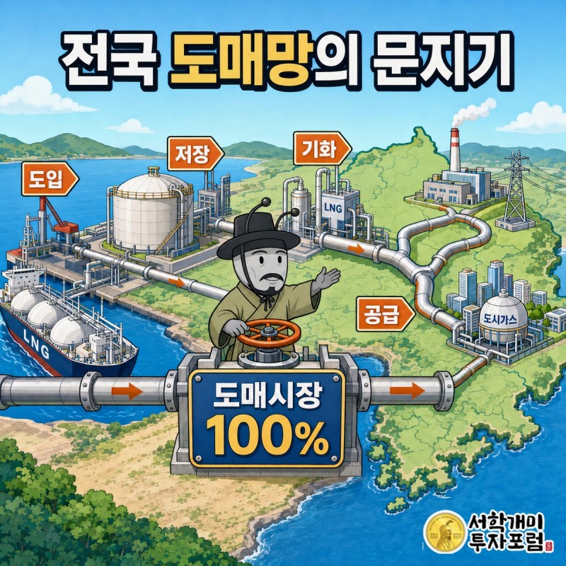 LNG선에서 저장탱크와 배관망을 거쳐 발전사와 도시가스사로 공급되는 한국가스공사 도매사업 구조