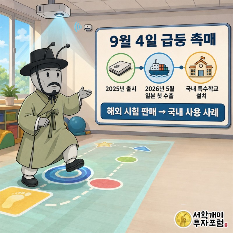모션마루가 특수학교 교실 바닥에 체험형 콘텐츠를 투사하는 장면