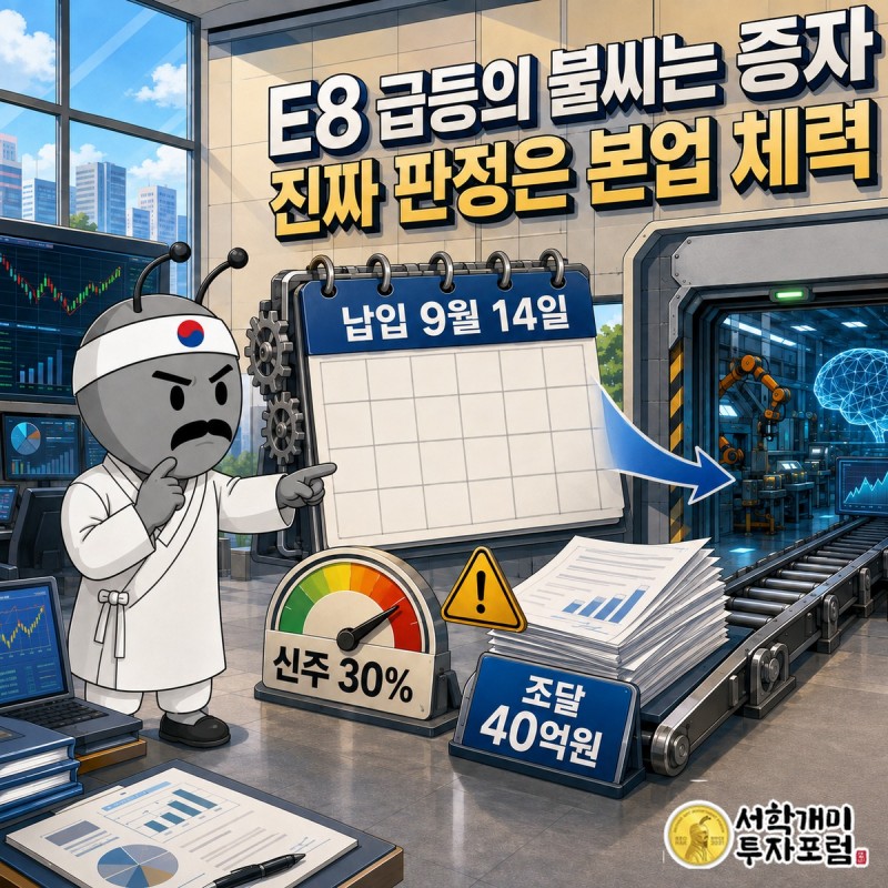 E8 유상증자 일정 단축과 디지털 트윈 사업 구조를 표현한 표지