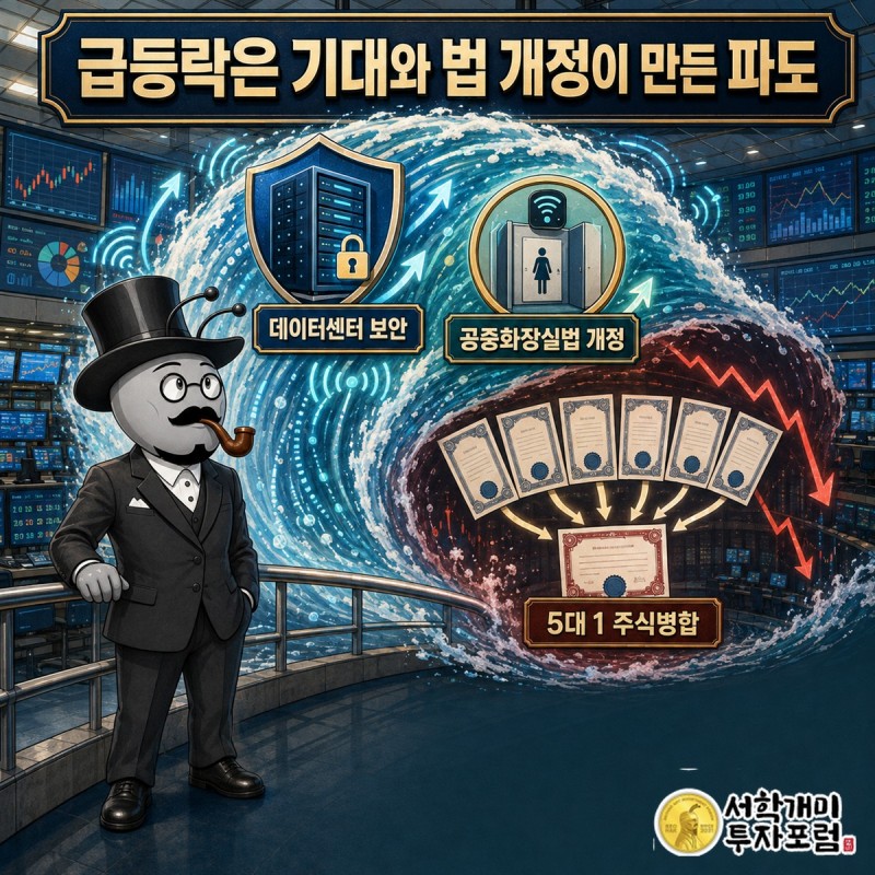 지슨 주가를 움직인 데이터센터 보안, 주식병합, 공중화장실법 개정의 시간 순서를 정리한 그림