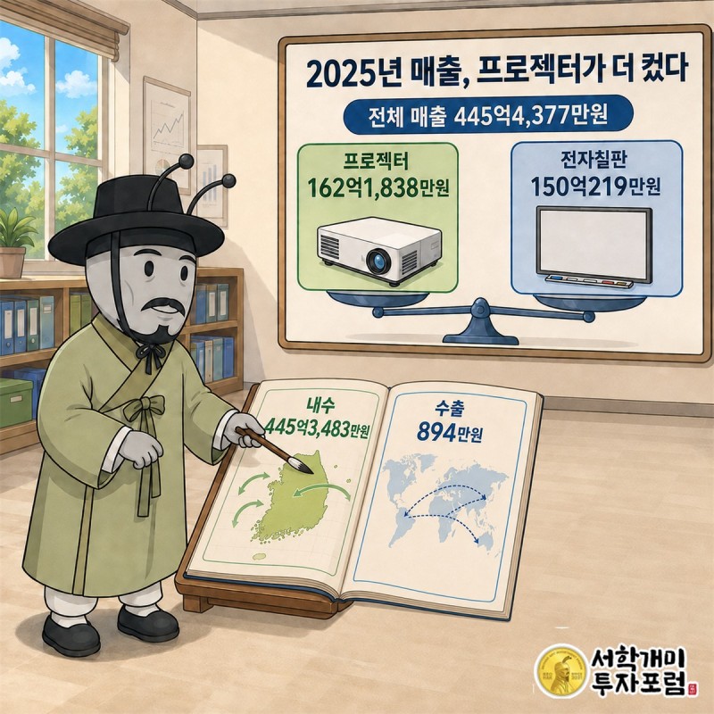 벡트의 프로젝터와 전자칠판 매출 기반, 영업손실과 유상증자를 함께 보여주는 기업 구조도