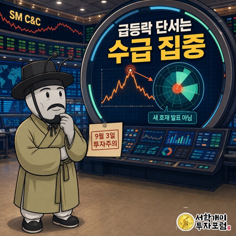 SM C&C의 광고·엔터·여행 세 사업과 9월 4일 주가 급등락을 함께 보여주는 표지