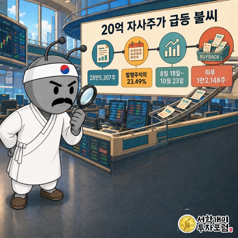 SHD 자사주 20억원과 취득 예정 주식 28만5307주를 비교한 장면