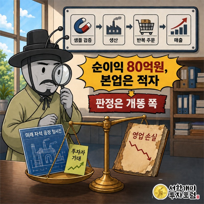 유전체 매출 의존, 영업적자, 반복 자금조달과 영구자석 계약을 한 저울에 올린 판정 이미지