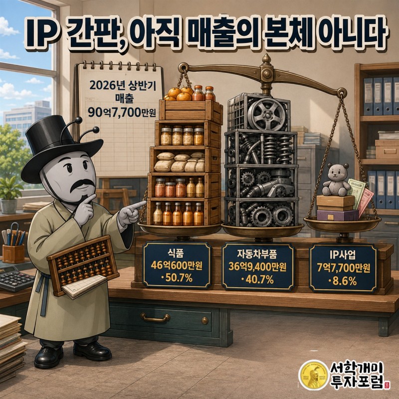태원물산의 버는 힘과 새는 구멍을 식품 자동차부품 IP 사업으로 나눈 그림