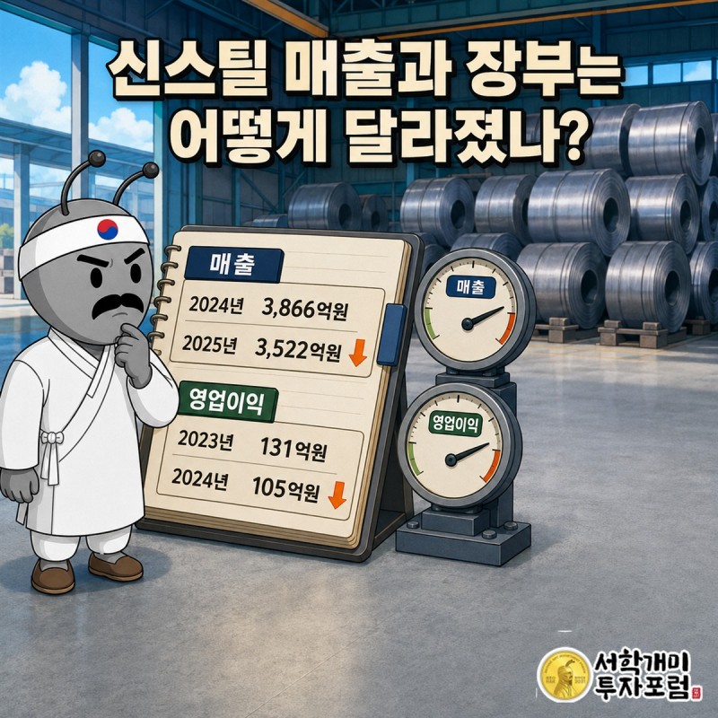 신스틸 매출과 영업이익률 3개년 변화를 비교한 인포그래픽