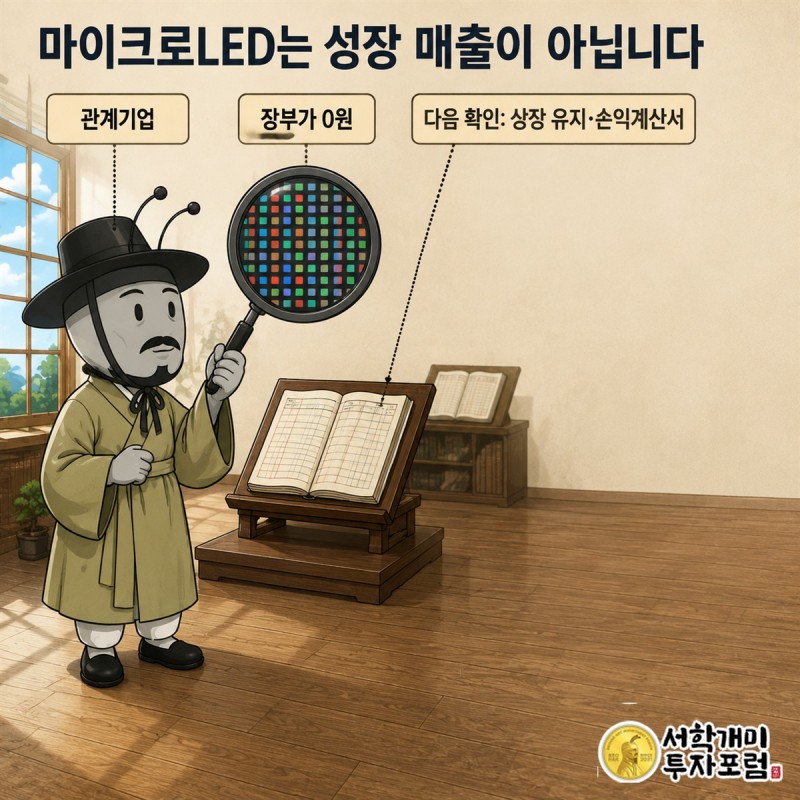 남성복 본업 뒤에 장부가 0원 마이크로LED 관계기업과 전액 충당 대여금을 비춘 장면