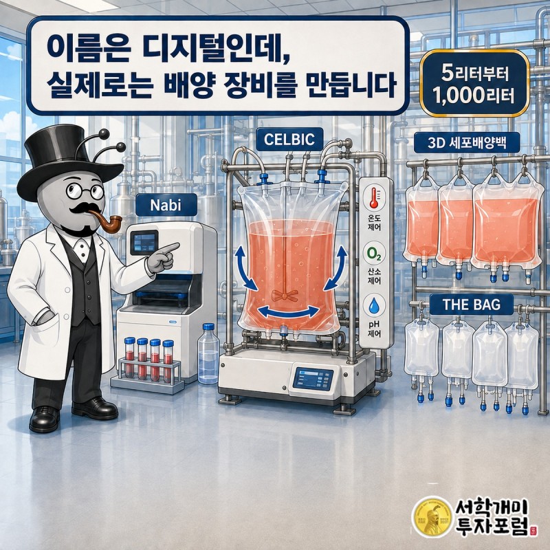 마이크로디지탈의 분석장비와 CELBIC 세포배양시스템, 반복 사용되는 3D 배양백과 THE BAG의 사업 구조를 보여주는 그림