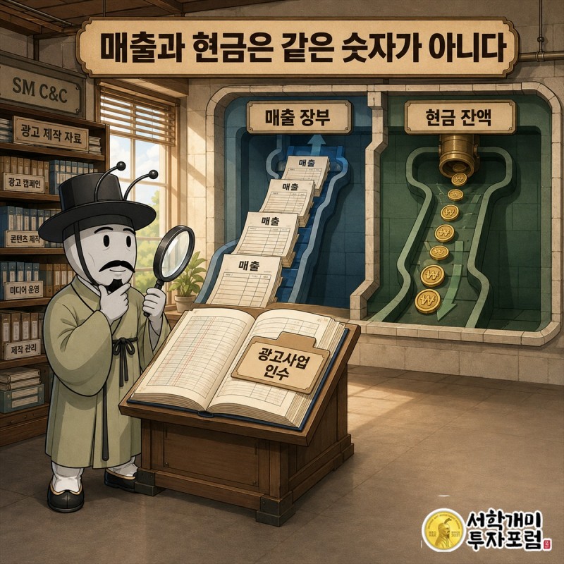 SM C&C의 상반기 영업현금 유출과 매입채무 감소를 연결해 보여주는 현금흐름 해부도