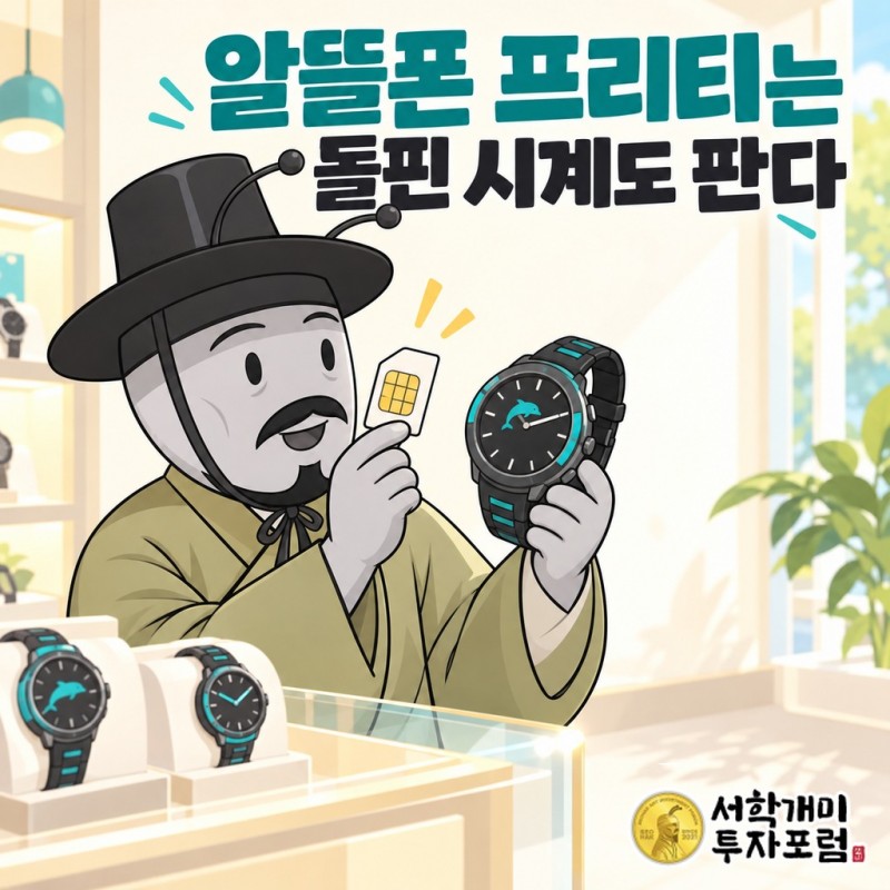 프리티의 돌핀 시계와 알뜰폰 유심을 살펴보는 양반개미 — 회사 사업을 설명하는 개념도