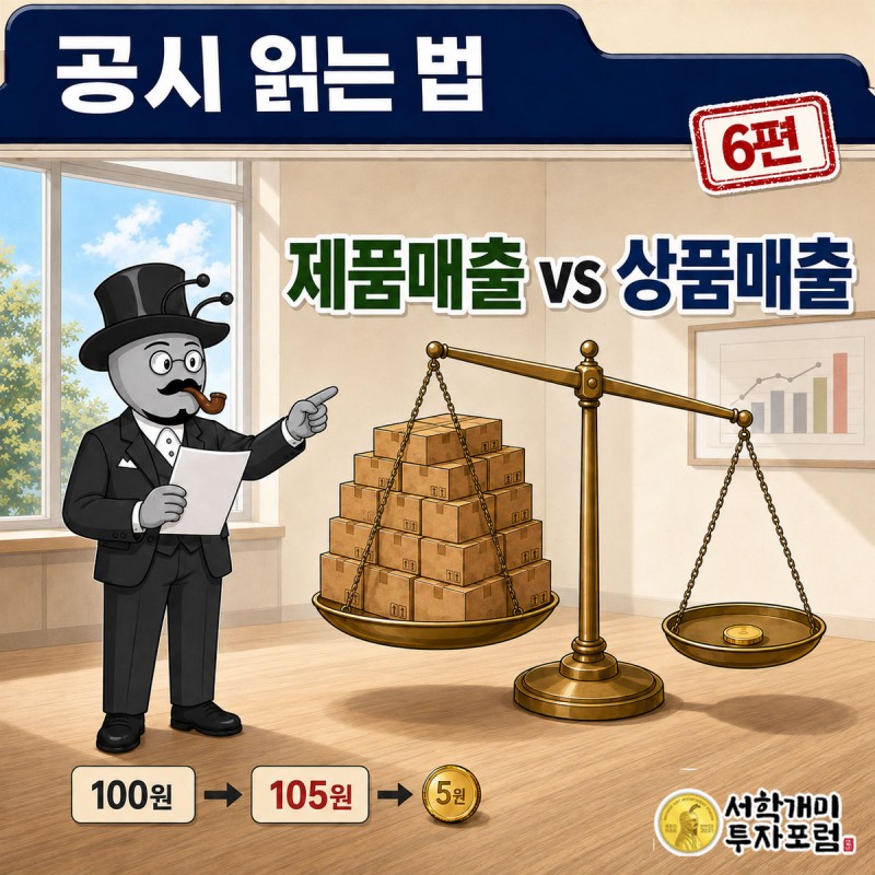 매출 5,000억 저울과 매출 500억 저울이 같은 무게로 균형을 이룬 장면. 큰 접시 위 상자 대부분에 '상품' 딱지가 붙어 있다