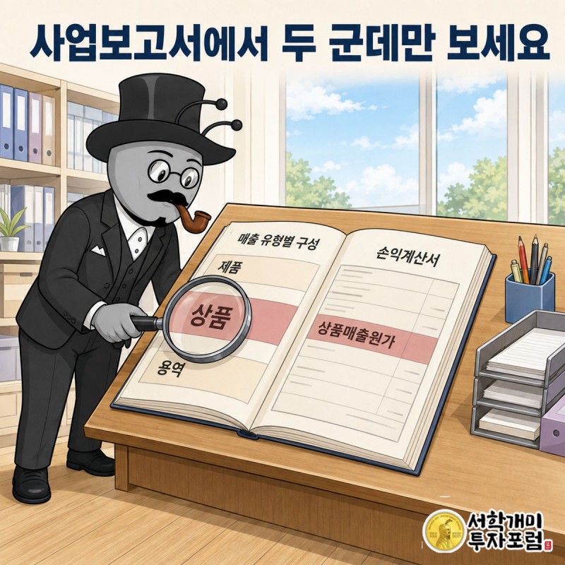 사업보고서를 펼쳐 놓고 '매출 유형별 구성' 표의 '상품' 줄을 돋보기로 짚는 장면