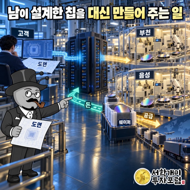 설계 회사가 도면을 보내면 DB하이텍 부천·음성 공장이 웨이퍼로 만들어 공급하는 돈의 흐름