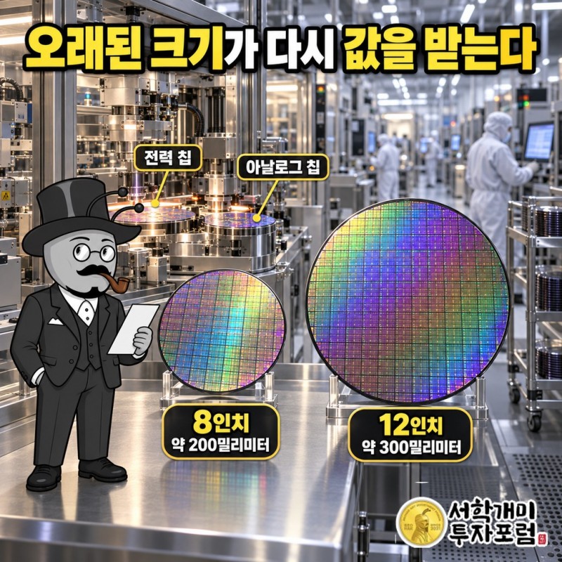 8인치와 12인치 웨이퍼 크기 비교, 전력·아날로그 칩이 8인치 공장에서 만들어지는 모습