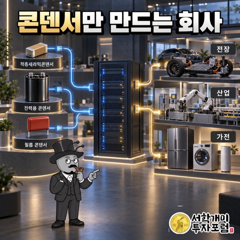 삼화콘덴서가 만드는 MLCC·DC-LINK·필름 콘덴서와 이를 사는 전장·산업·가전 고객을 연결한 구조도