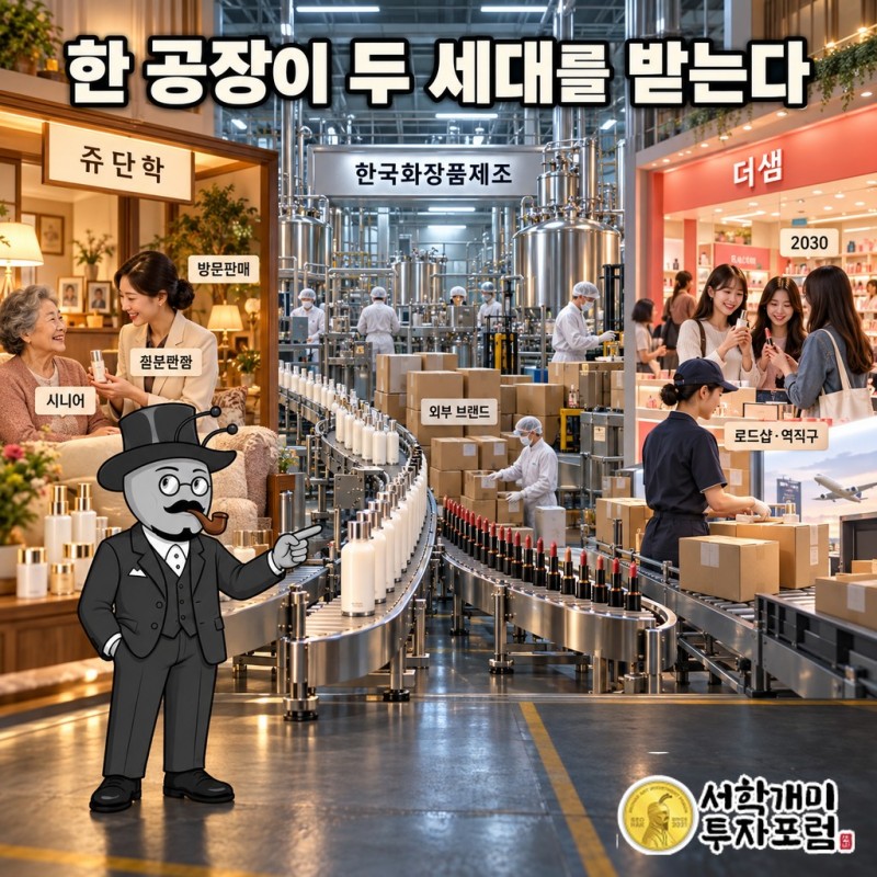 한 공장에서 나온 제품이 방문판매 쥬단학의 시니어 고객과 로드샵·역직구 더샘의 2030 고객에게 나뉘어 가는 모습