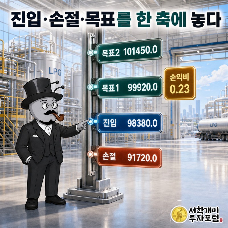 E1의 진입가 , 손절가 , 목표1 , 목표2 을 한 가격 축에 표시한 장면