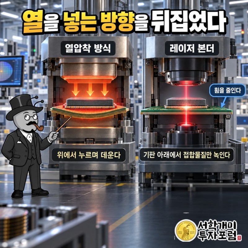 열압착 방식 TC본더는 위에서 누르며 데우고, 프로텍 LC본더는 기판 아래에서 레이저로 접합물질만 녹여 휨을 줄이는 차이 비교