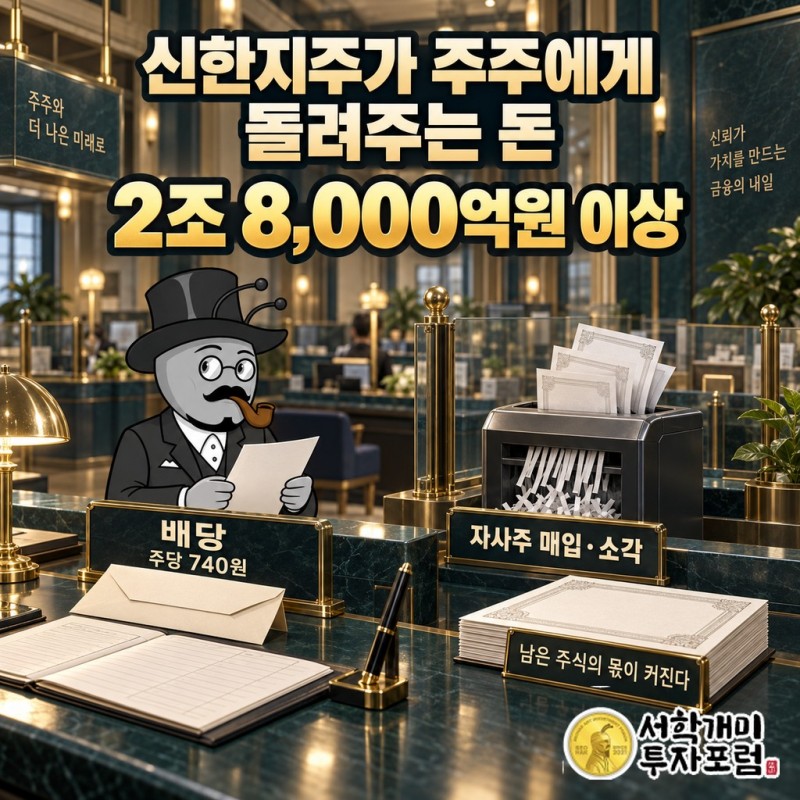 신한지주가 올해 배당과 자사주 매입·소각으로 2조 8,000억원 이상을 주주에게 돌려주는 모습